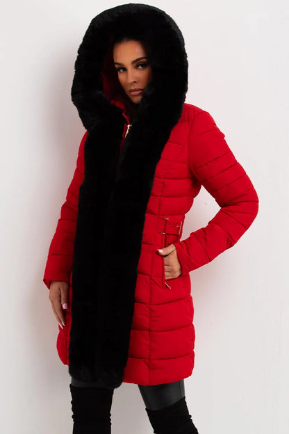 Puffer Padded Coat With Faux Fur Hood Red