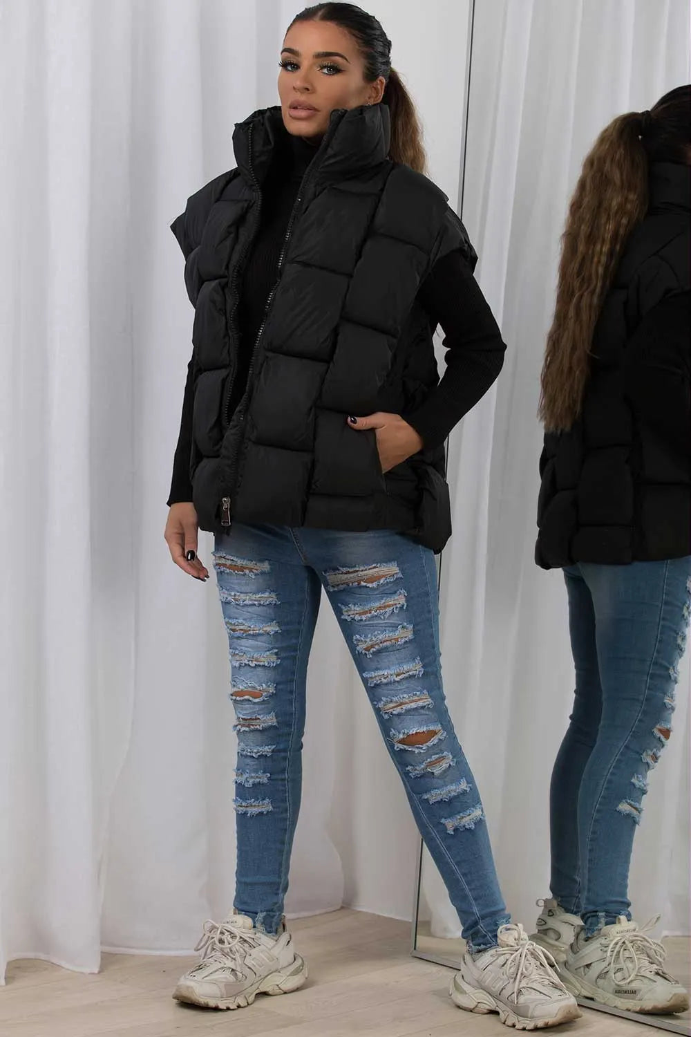 Quilted Padded Gilet With Woven Detail Black