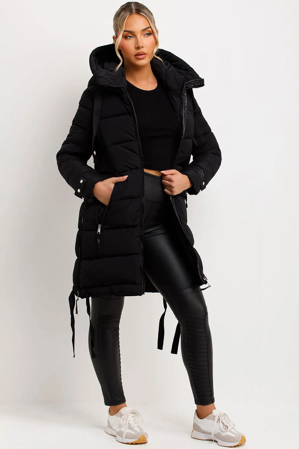 Long Puffer Coat With Hood And Side Straps Black