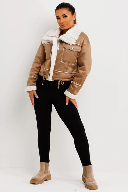 Faux Shearling Faux Leather Jacket Beige