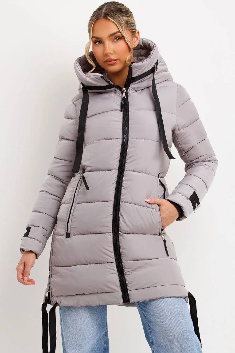 Long Puffer Coat With Hood And Side Straps Grey