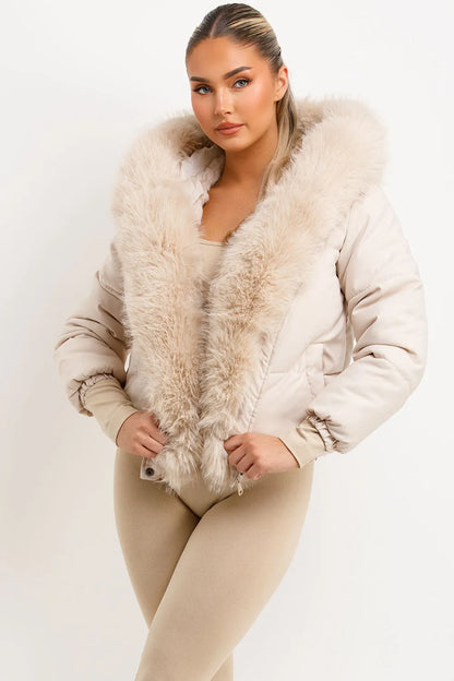Bomber Jacket With Fur Hood And Trim Beige