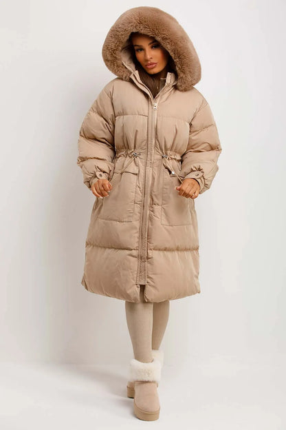 Long Puffer Coat With Faux Fur Hood And Drawstring Waist Beige
