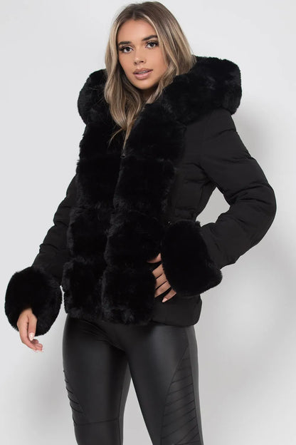 Puffer Jacket With Luxury Faux Fur Hood And Trim Black