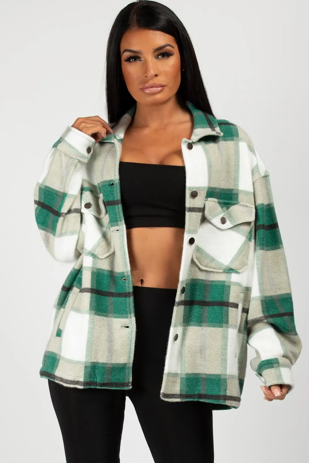 Green Check Oversized Shacket Shirt