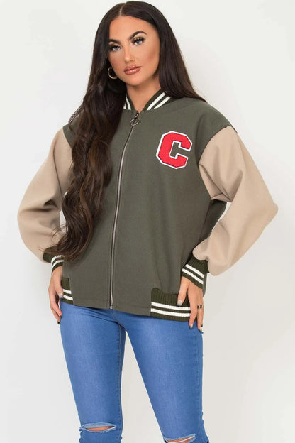 C Slogan Varsity Bomber Jacket Khaki