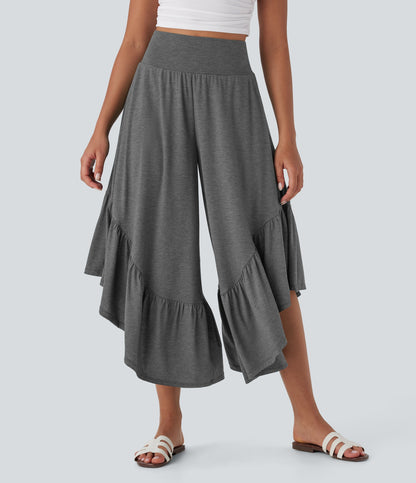 High Waisted Ruffle Hem Casual Pants with Pockets