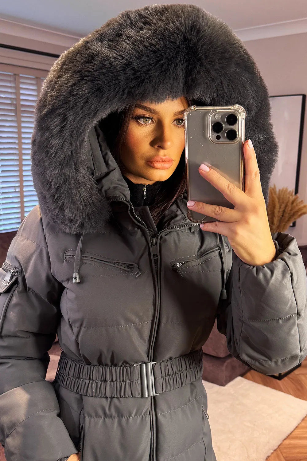Longline Puffer Padded Coat With Fur Hood And Belt Grey