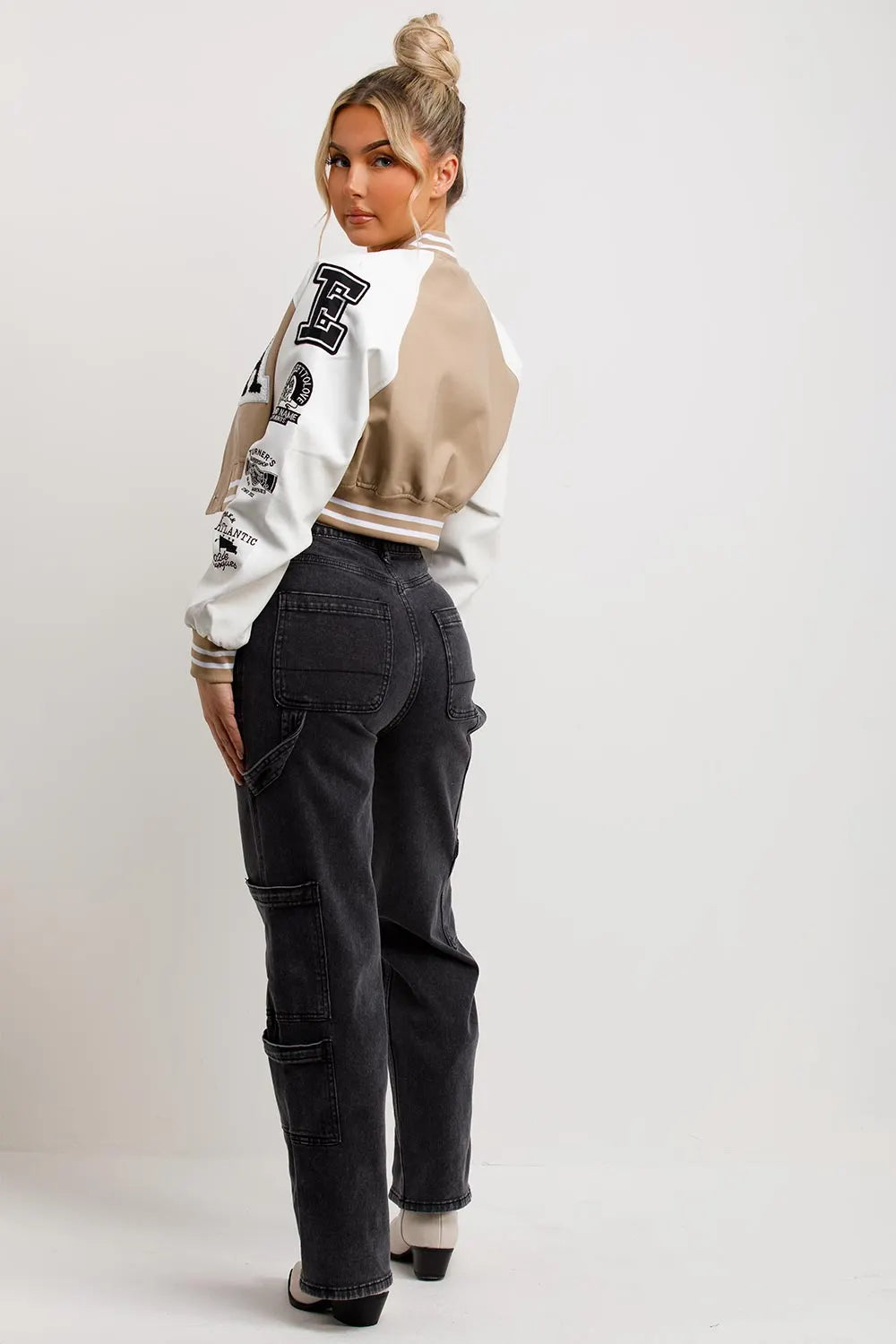 Varsity Bomber Faux Leather Jacket With Letter Detail Beige