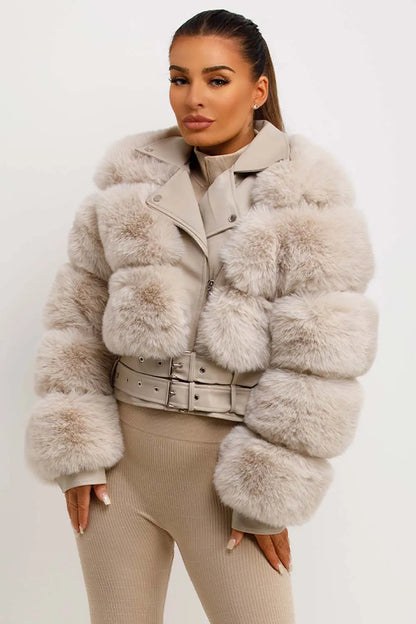 Faux Fur Faux Leather Aviator Jacket With Belt Beige