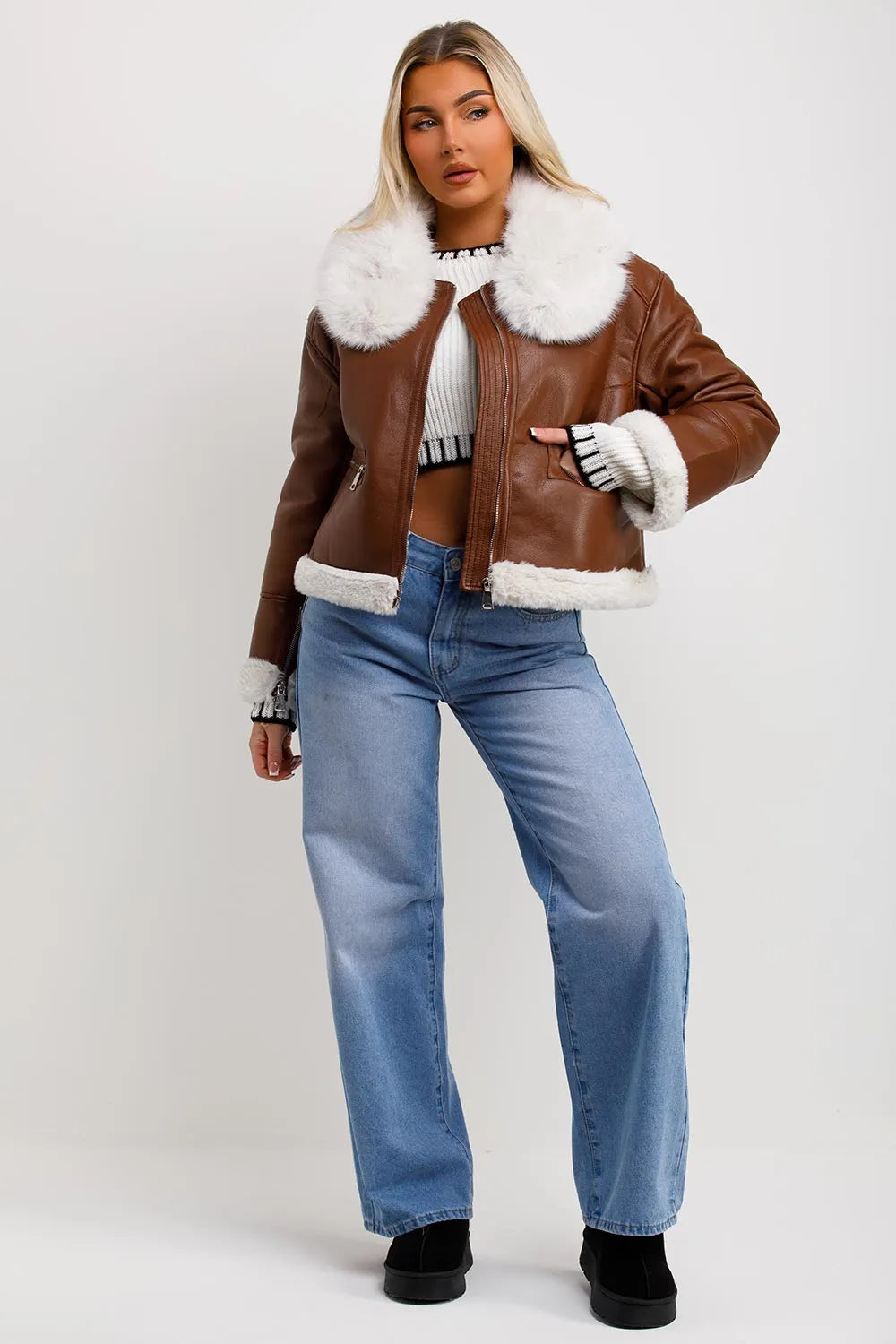 Crop Aviator Jacket With Fur Collar Brown