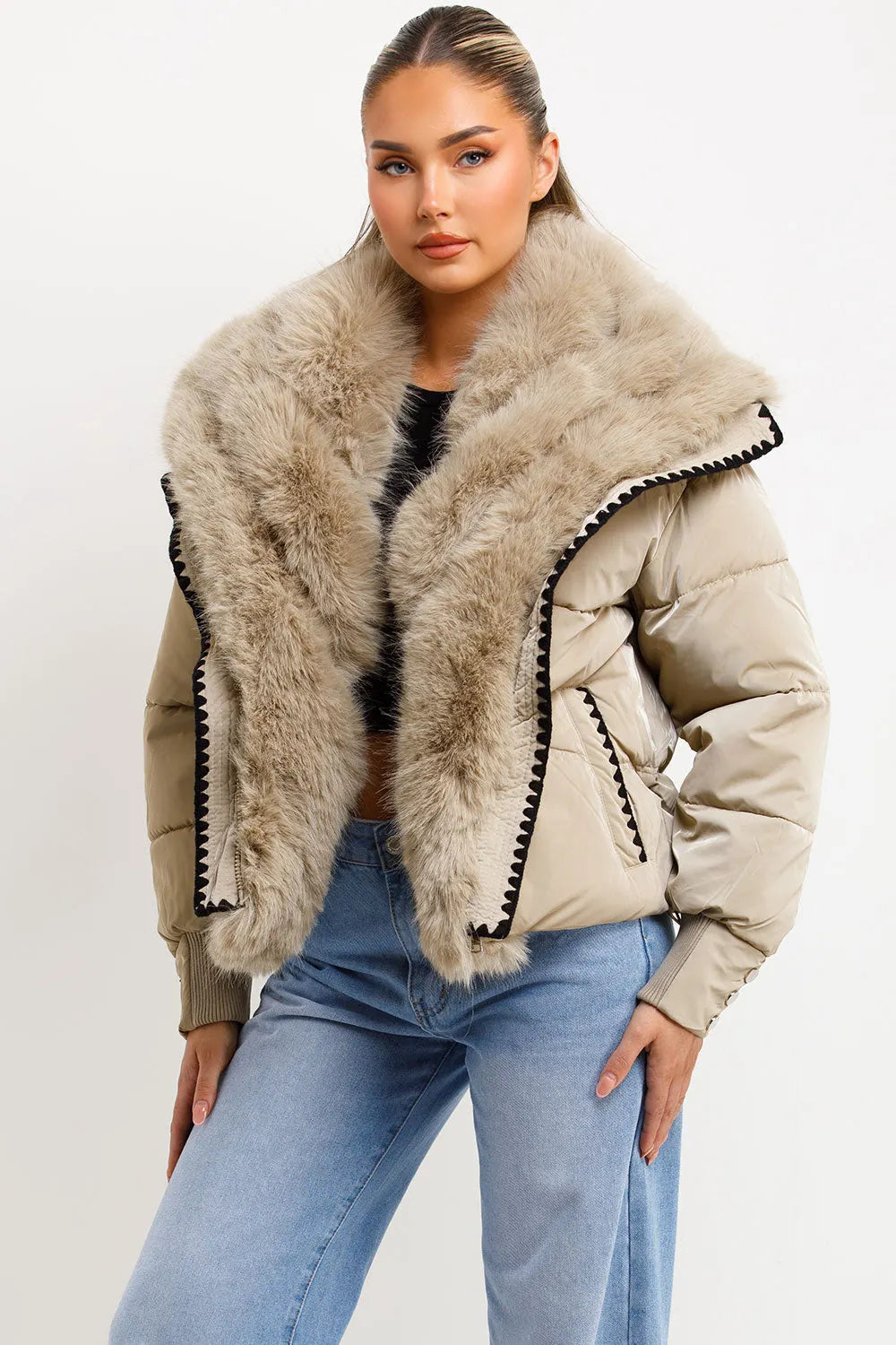 Faux Fur Collar And Trim Puffer Coat With Contrast Stitching Detail Beige