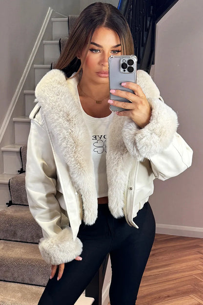 Faux Fur Bomber Jacket In Faux Leather Beige