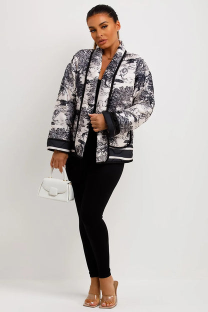 Satin Quilted Blazer Jacket With Jungle Print Black White