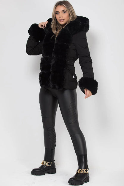 Puffer Jacket With Luxury Faux Fur Hood And Trim Black