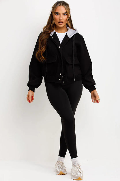 Bomber Baseball Jacket With Hood Black