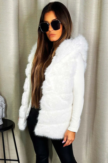 Faux Fur Hooded Gilet White