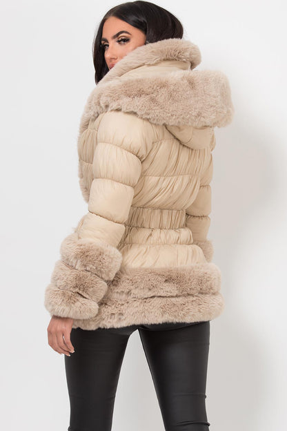 Faux Fur Trim Puffer Hooded Down Jacket With Belt Beige