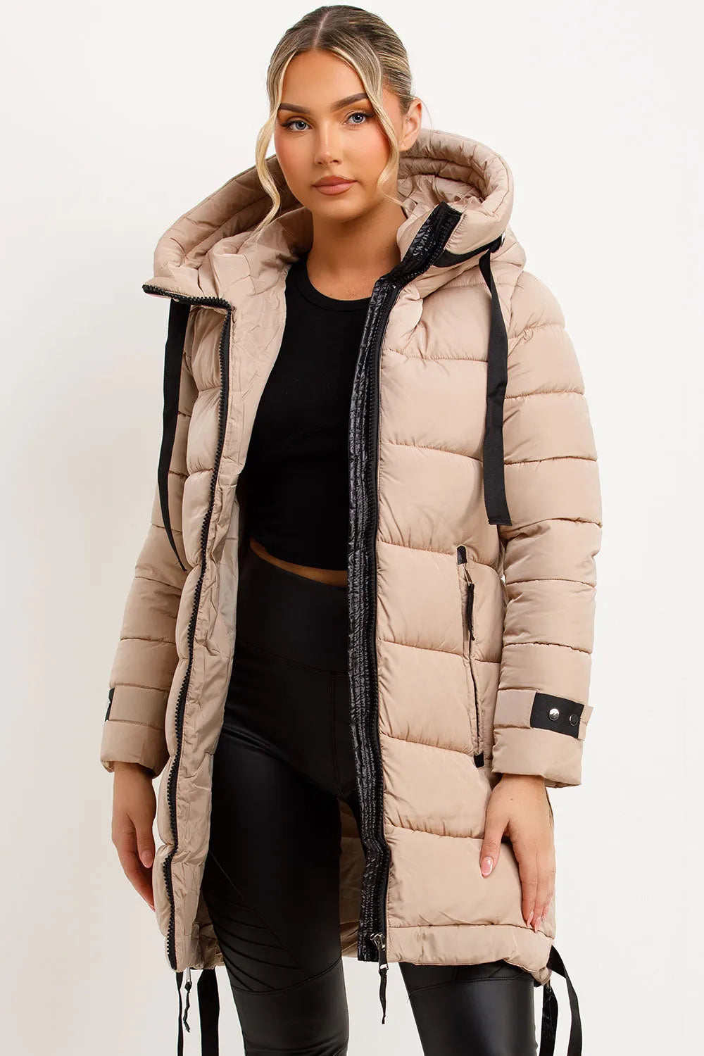 Long Puffer Coat With Hood And Side Straps Beige