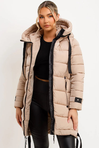 Long Puffer Coat With Hood And Side Straps Beige