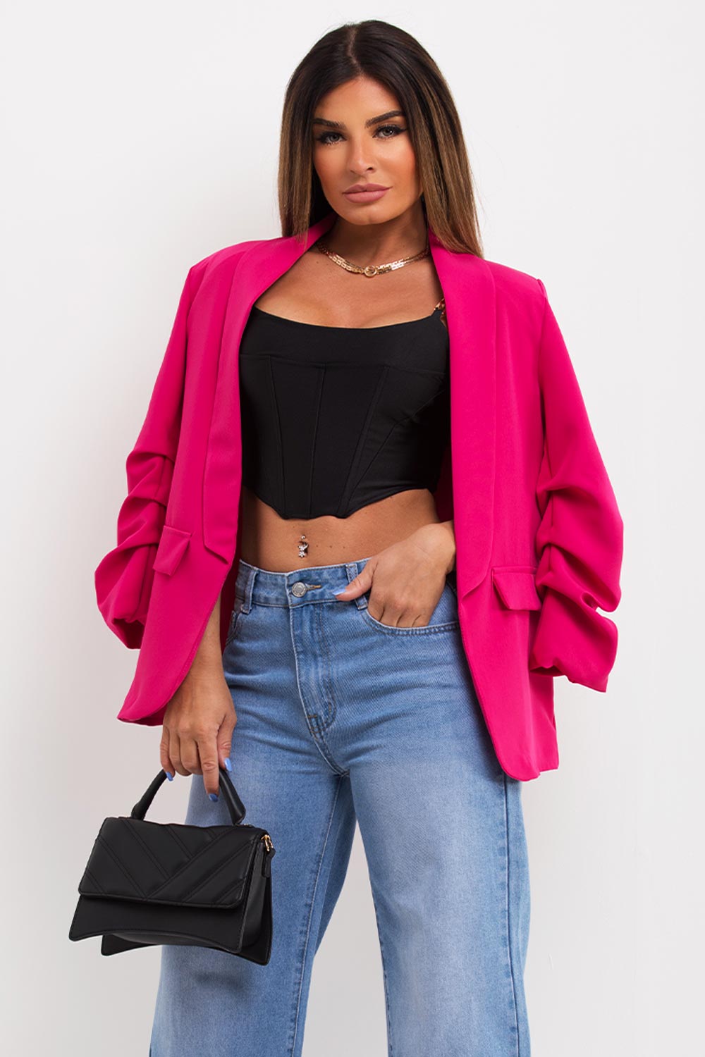 Hot Pink Ruched Sleeve Blazer