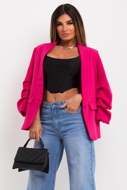 Hot Pink Ruched Sleeve Blazer