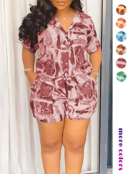 Two-piece Set Women's All Over Print Short Sleeve Shirt & Shorts