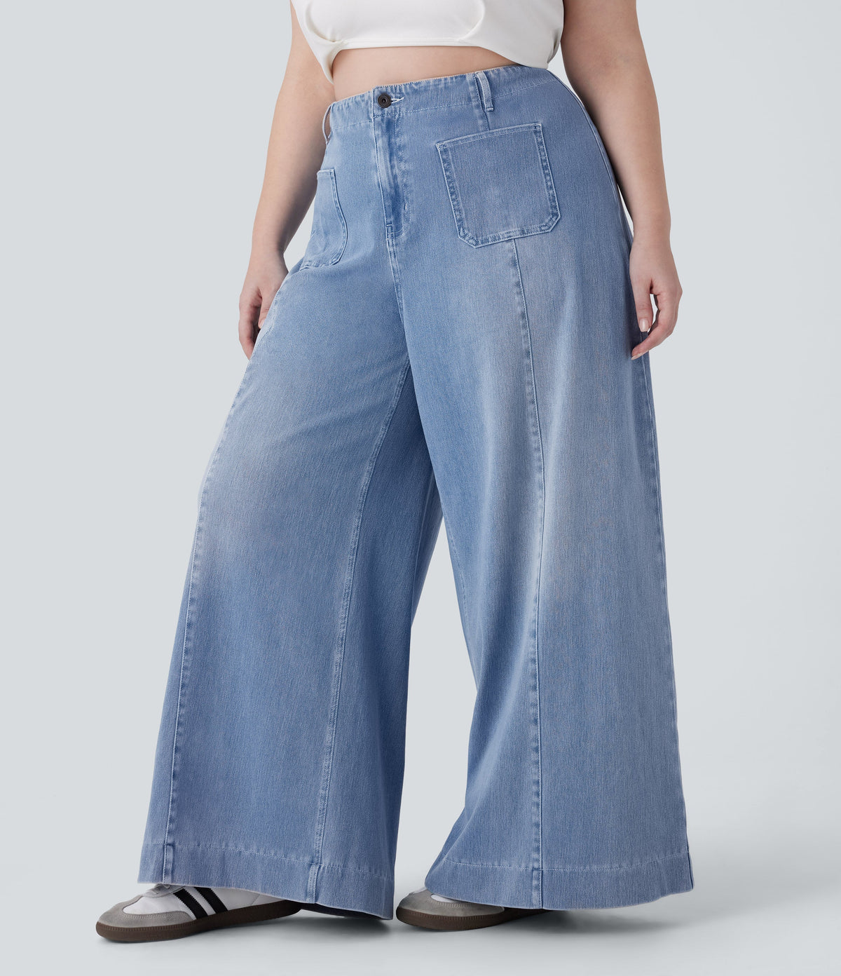 FlexTM High Waisted Pockets Washed Casual Wide Leg Plus Size Jeans