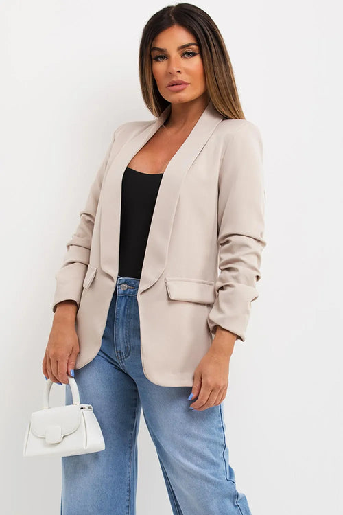 Beige Ruched Sleeve Blazer Jacket