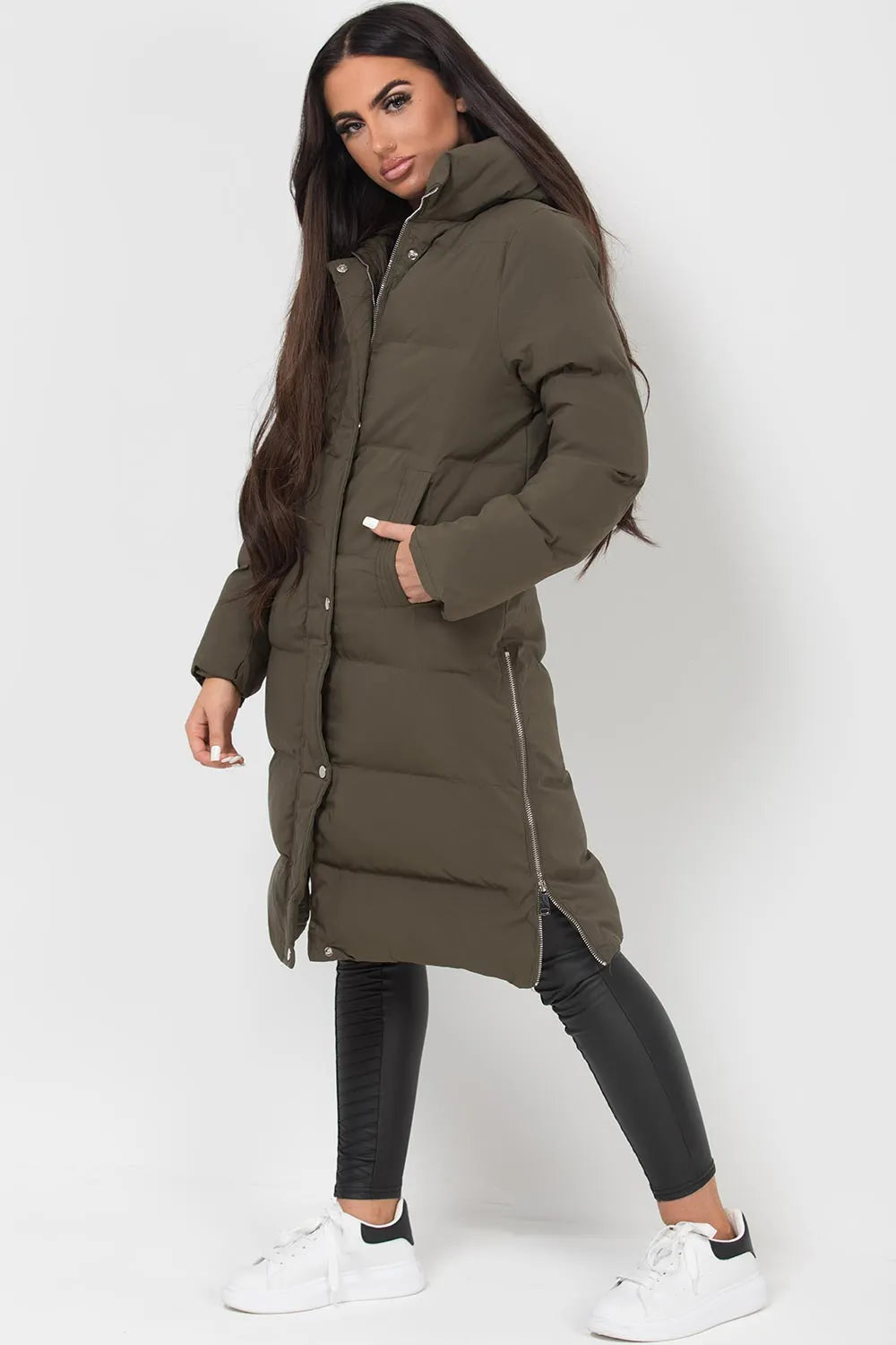 Long Puffer Coat With Side Zip Khaki