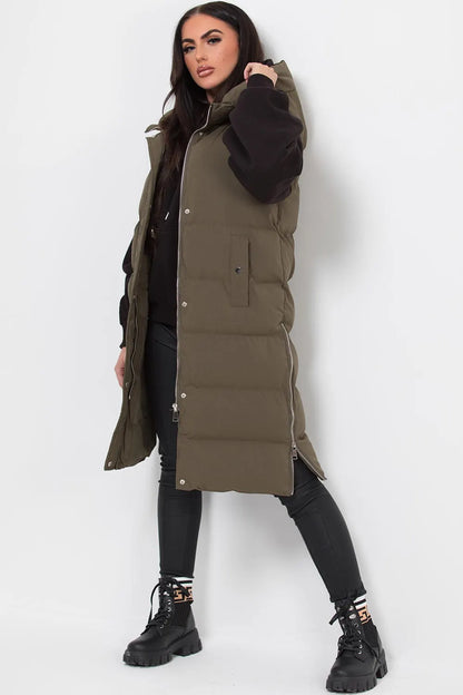 Longline Hooded Gilet Khaki