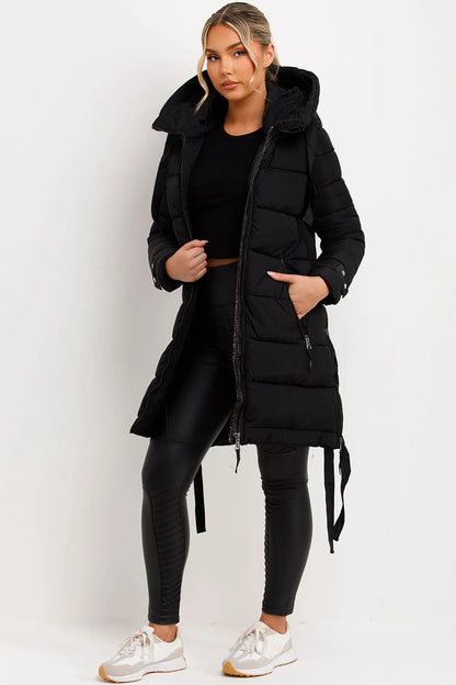 Long Puffer Coat With Hood And Side Straps Black