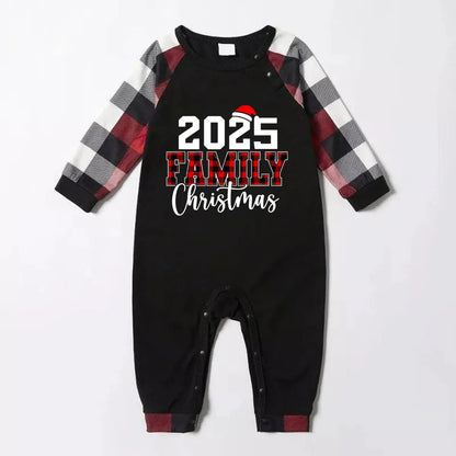 "2025 FNMILY Christmas " White and Red Text Printed Pattern - Black Top with Red&Black&White Plaid Sleeves - Family Matching Pajamas