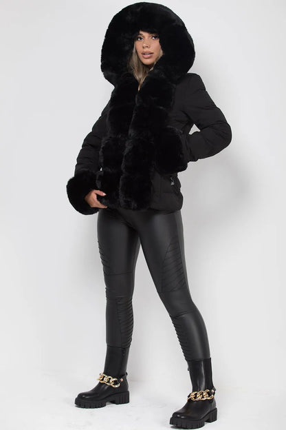 Puffer Jacket With Luxury Faux Fur Hood And Trim Black