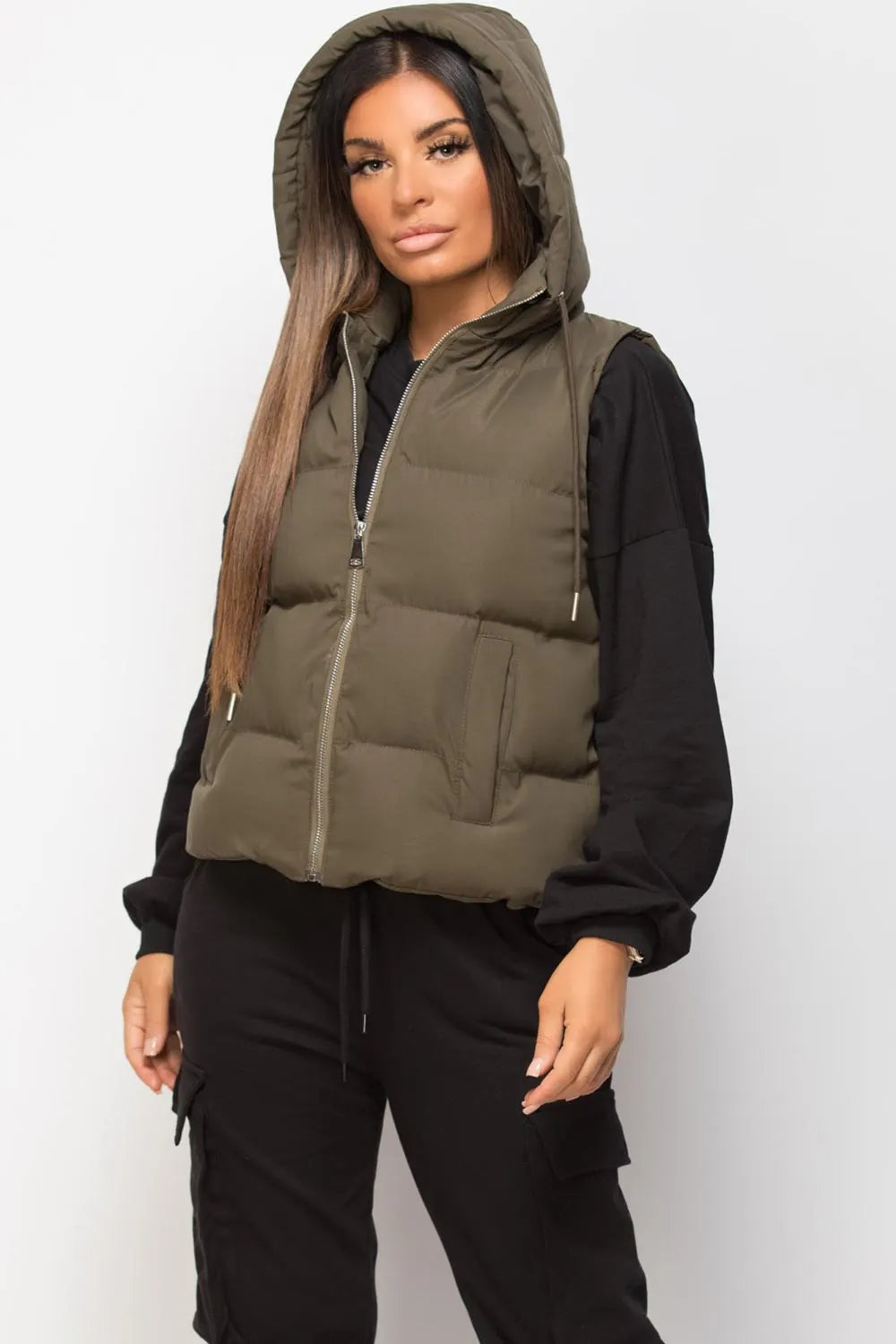 Hooded Padded Gilet Sleeveless Jacket Khaki