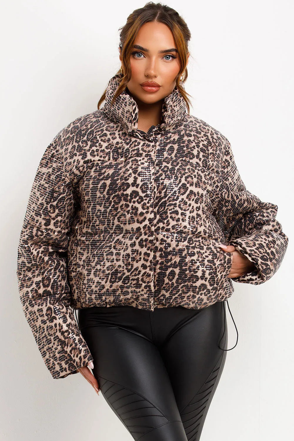 Leopard Print Sequin Puffer Padded Jacket