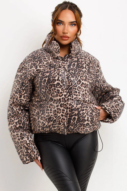 Leopard Print Sequin Puffer Padded Jacket