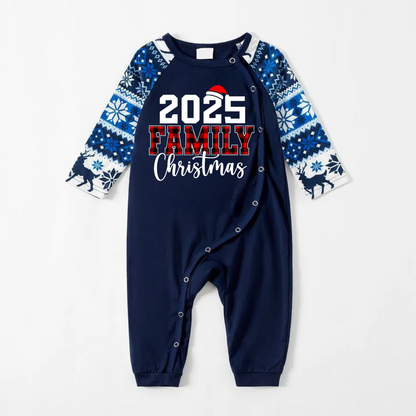 2025 Family Christmas Text Print Blue Family Christmas Matching Pajamas