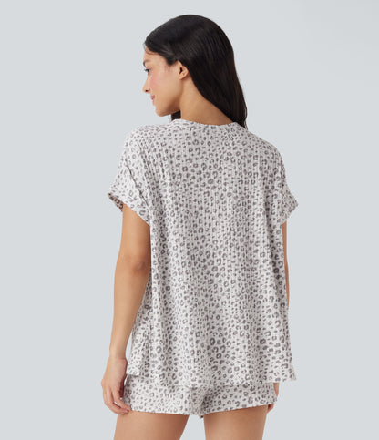 Round Neck Short Sleeve Leopard Print Lounge Top