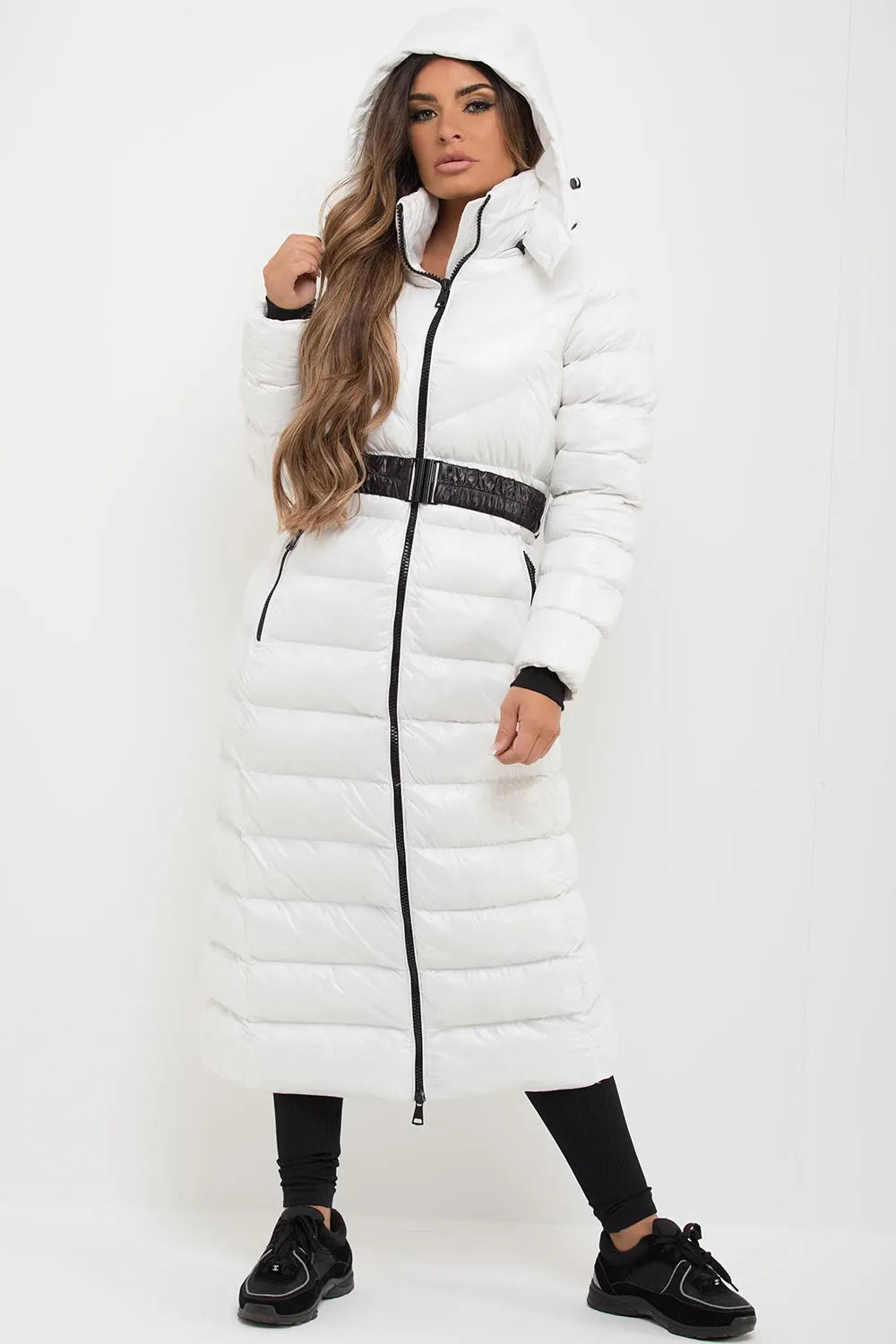 White Longline Puffer Padded Jacket With Hood & Belt