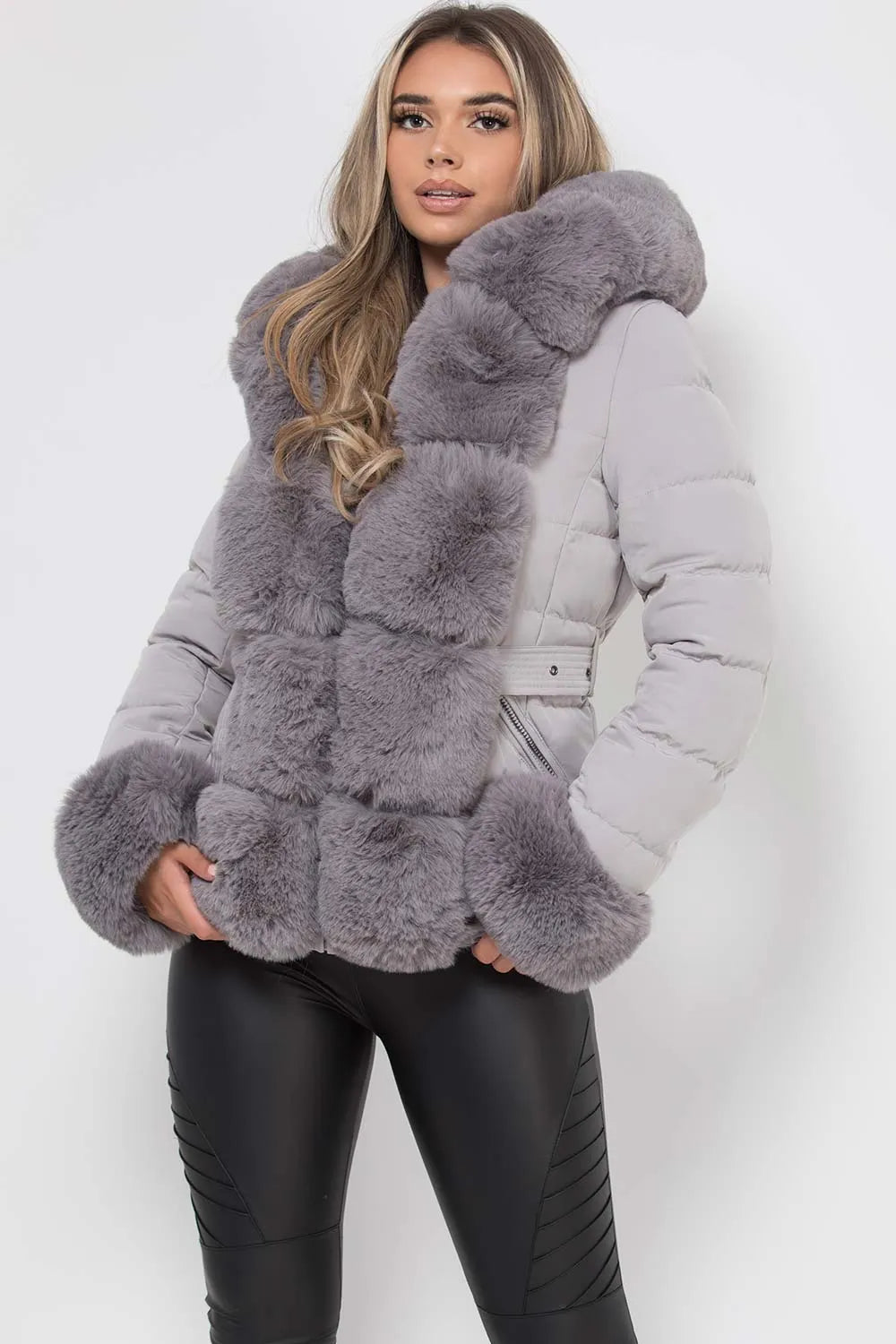 Puffer Jacket With Luxury Faux Fur Hood And Trim Grey