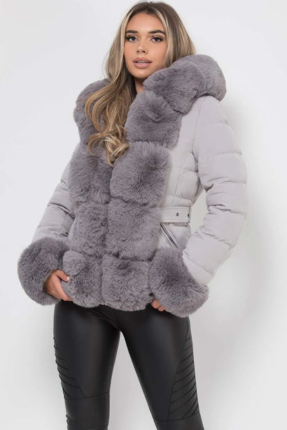 Puffer Jacket With Luxury Faux Fur Hood And Trim Grey