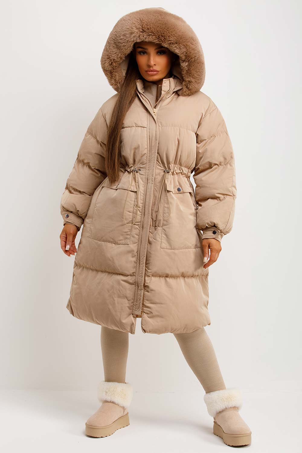 Long Puffer Coat With Faux Fur Hood And Drawstring Waist Beige