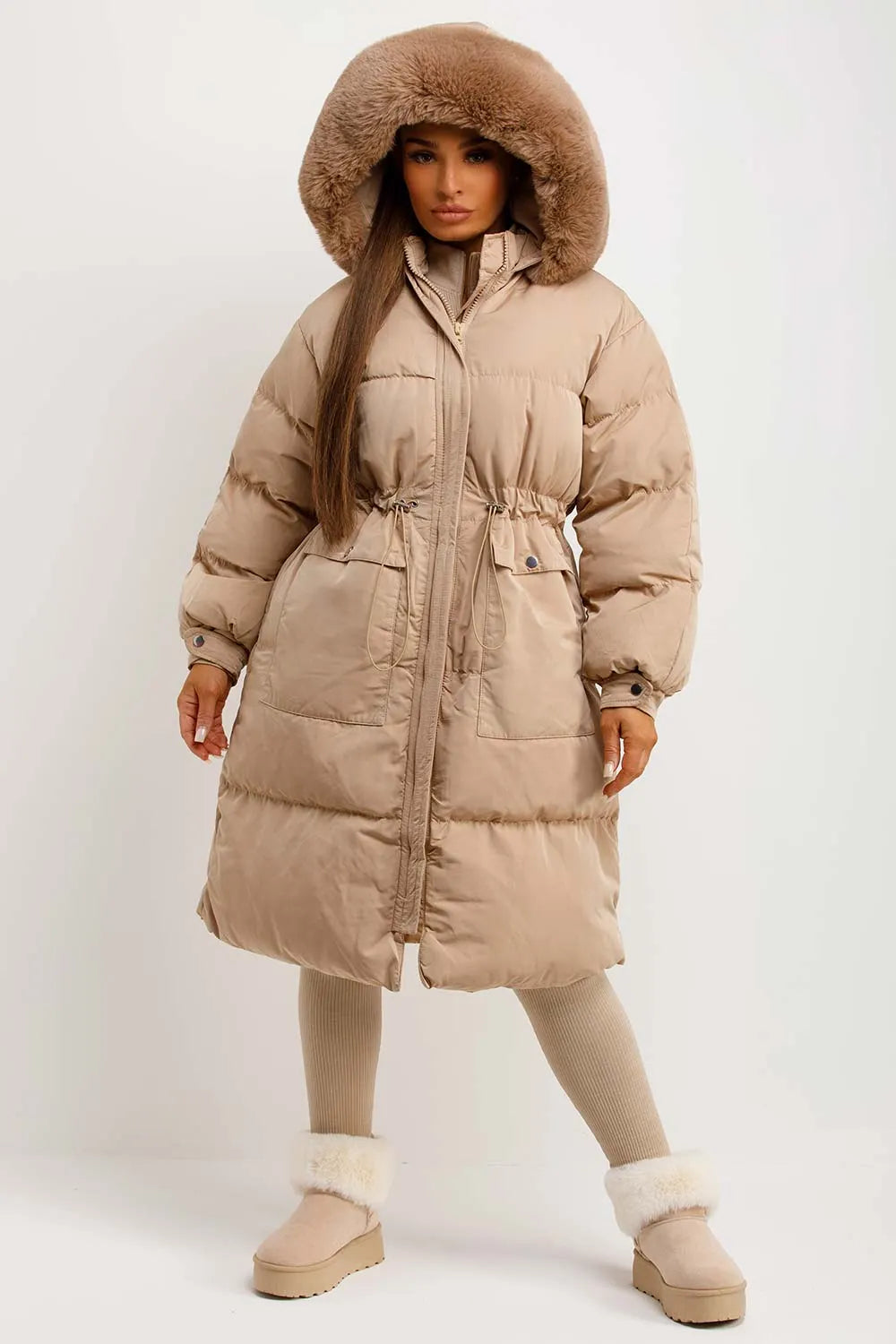 Long Puffer Coat With Faux Fur Hood And Drawstring Waist Beige
