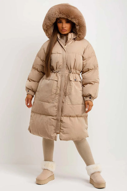 Long Puffer Coat With Faux Fur Hood And Drawstring Waist Beige