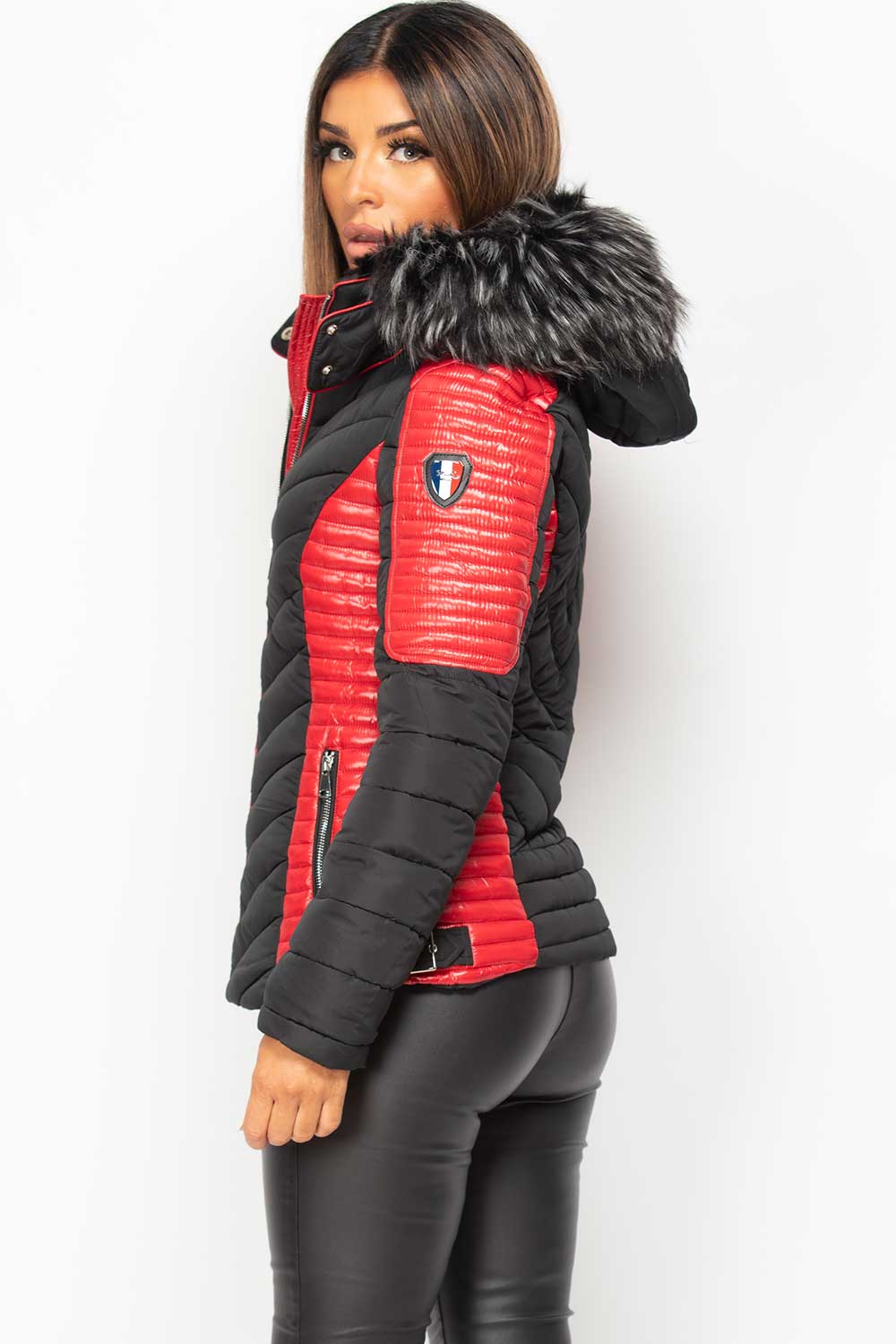 Puffer Coat With Faux Fur Black And Red