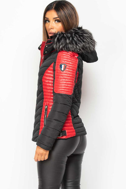 Puffer Coat With Faux Fur Black And Red