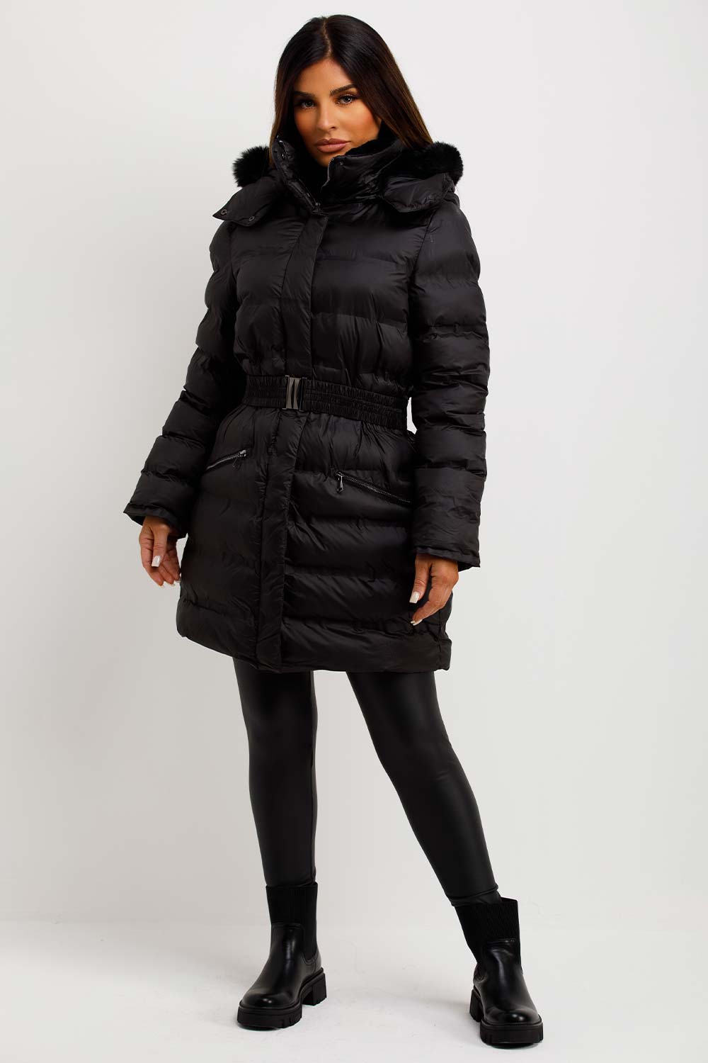 Puffer Padded Coat With Fur Hood And Belt Black