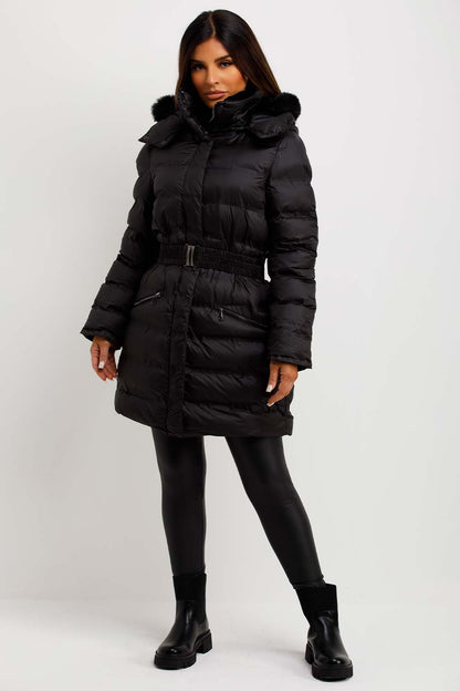 Puffer Padded Coat With Fur Hood And Belt Black