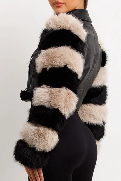 Faux Fur Faux Leather Aviator Jacket Black Contrast